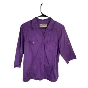 Bit & Bridle Womens Purple 100% Cotton Button-Up Shirt With 3/4 Sleeves Size M